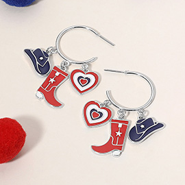 Enamel American USA Flag Western Boot Hat Heart Charm Dangle Hoop Earrings