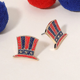 Enamel Sparkly American USA Flag Patriotic Top Hat Stud Earrings