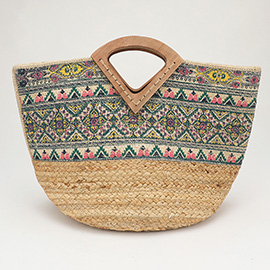 Boho Tribal Pattern Wooden Handle Straw Tote Bag