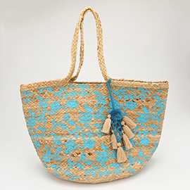 Splash Print Pom Multi Tassel Woven Straw Tote Bag