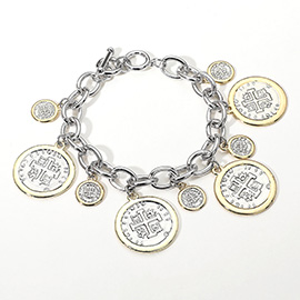 14K Gold Plated Two Tone Cross Embossed Medal Charm Station Toggle Bracelet