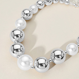 Chunky Metal Ball Pearl Beaded Necklace