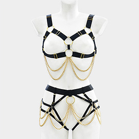 Metal Ring Layered Chain Detail Body Harness Lingerie Set