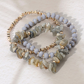 3PCS - Natural Stone Metal Faceted Beaded Stretch Multi Layered Bracelets