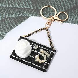 Fabric Flower Pearl Paved Number Five Embellished Handbag Keychain / Bag Charm