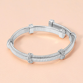 Stone Paved Bar Pointed Ribbed Metal Adjustable Bracelet
