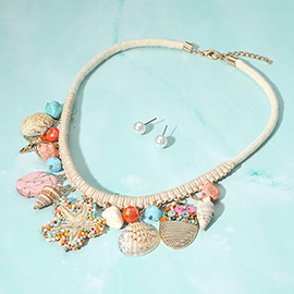 Boho Beaded Starfish Seashell Faceted Beads Charm Threaded Statement Necklace