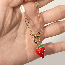 SECRET BOX_Enamel Strawberry Pendant Paperclip Chain Necklace