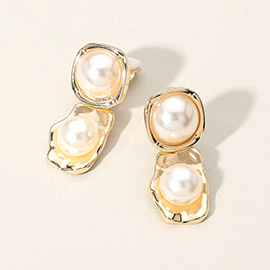 Pearl Plate Link Clip On Earrings