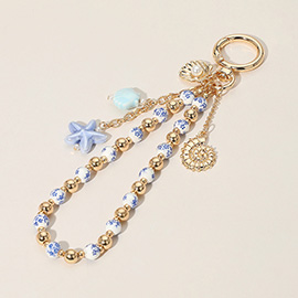 Ceramic Starfish Seashell Metal Pearl Sea Shell Charm Embellished Floral Ceramic Metal Ball Beaded Wristlet Keychain / Bag Charm