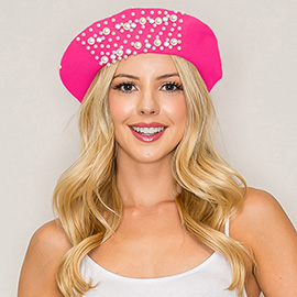 Pearl Stone Cluster Embellished Wool Beret Hat