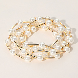 5PCS - Pearl Metal Bar Beaded Stretch Multi Layered Bracelets