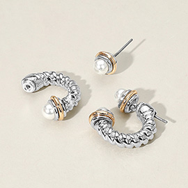 Pearl Tip Two Tone Twisted Metal Ear Jacket Earrings