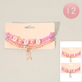 12 SET OF 2 - Enamel Pink Ribbon Charm Beaded Stretch Bracelets