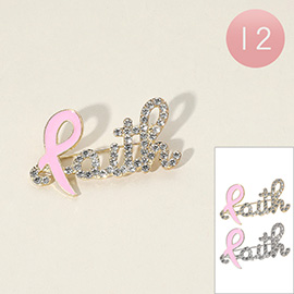 12PCS - Stone Paved Enamel Pink Ribbon FAITH Message Pin Brooches
