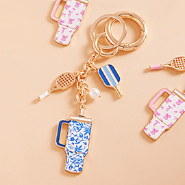 Enamel Pickleball Paddle Floral Pattern Tumbler Back Engraved Keychain Bag Charm