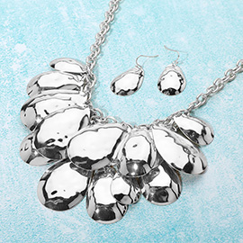 Hammered Metal Teardrop Plated Embellished Statement Necklace