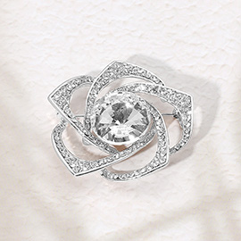 Round Glass Stone Pointed Stone Paved Flower Pin Brooch