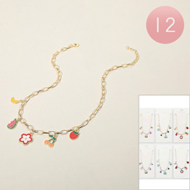 12PCS - Enamel Banana Watermelon Cherry Strawberry Flower Charm Station Paperclip Chain Necklaces