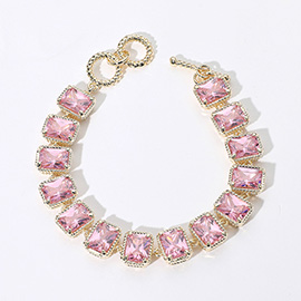 14K Gold Plated CZ Emerald Cut Stone Cluster Link Evening Toggle Bracelet