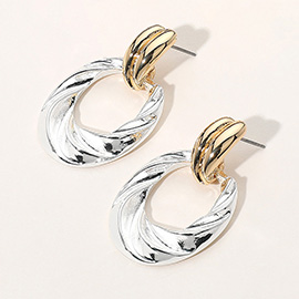 Two Tone Textured Metal Oval Door Knocker Earrings