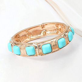 Square Bead Embellished Hammered Metal Stretch Bracelet