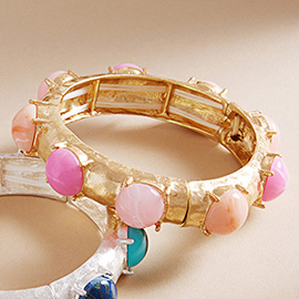 Natural Round Stone Pointed Brushed Metal Stretch Bracelet