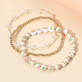 3PCS - MAMA Message Floral Ceramic Ball Pearl Beaded Stretch Multi Layered Bracelets