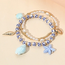 3PCS - Ceramic Starfish Sea Shell Charm Pearl Beaded Stretch Multi Layered Bracelets