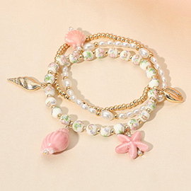 3PCS - Ceramic Starfish Sea Shell Charm Pearl Beaded Stretch Multi Layered Bracelets