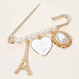 SECRET BOX_Eiffel Towel Heart Pearl Beaded Safety Pin Brooch