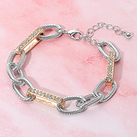 Stone Paved Two Tone Textured Metal Chain Link Bracelet