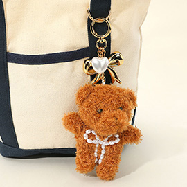 Pearl Heart Bow Charm Teddy Bear Plush Doll Keychain / Bag Charm