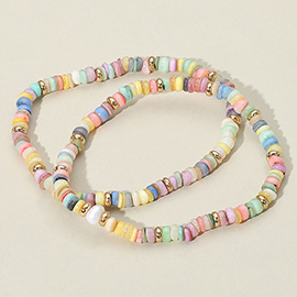 2PCS - Pearl Accented Boho Beaded Stretch Multi Layered Bracelets