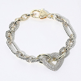 14K Gold Plated CZ Stone Paved Heart Link Two Tone Chain Bracelet