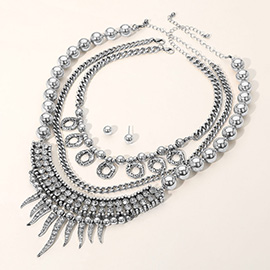 3PCS - Rhinestone Cluster Beads Mixed Chain Layered Statement Necklace Set