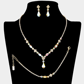 Teardrop Stone Cluster Accent Oval Square Stone Cluster Rhinestone Paved Jewelry Set