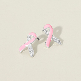 Stone Paved Enamel Pink Ribbon Stud Earrings