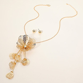Stone Accent Metal Cut Out Flower Petal Pendant Statement Necklace