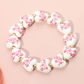 Flower Ceramic Heart Beaded Stretch Bracelet