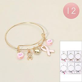 12PCS - Pink Ribbon Heart Charm Bangle Bracelets