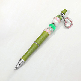 Heart Charm Drop Decorative Beaded Ball Pen