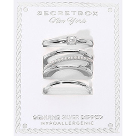 SECRET BOX_3PCS Genuine Silver Dipped Pearl Accented Stackable Fashion Ring Set