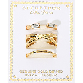 SECRET BOX_3PCS Genuine Gold Dipped Baguette Open Leaf Detail Simple Band Stackable Fashion Ring Set