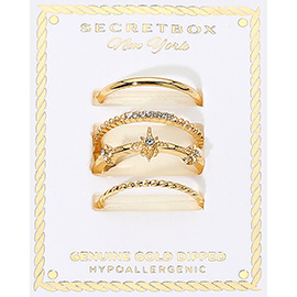 SECRET BOX_3PCS Genuine Gold Dipped Stone Paved Starburst Stackable Fashion Ring Set
