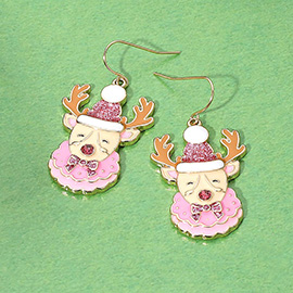 Glittered Enamel Christmas Reindeer Dangle Earrings