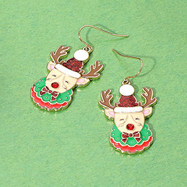 Glittered Enamel Christmas Reindeer Dangle Earrings