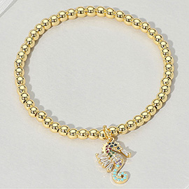 Stainless Steel Stone Embellished Seahorse Charm Beaded Stretch Bracelet