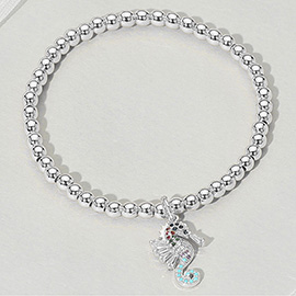 Stainless Steel Stone Embellished Seahorse Charm Beaded Stretch Bracelet