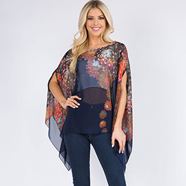 Sheer Floral Print Flowing Asymmetrical Poncho